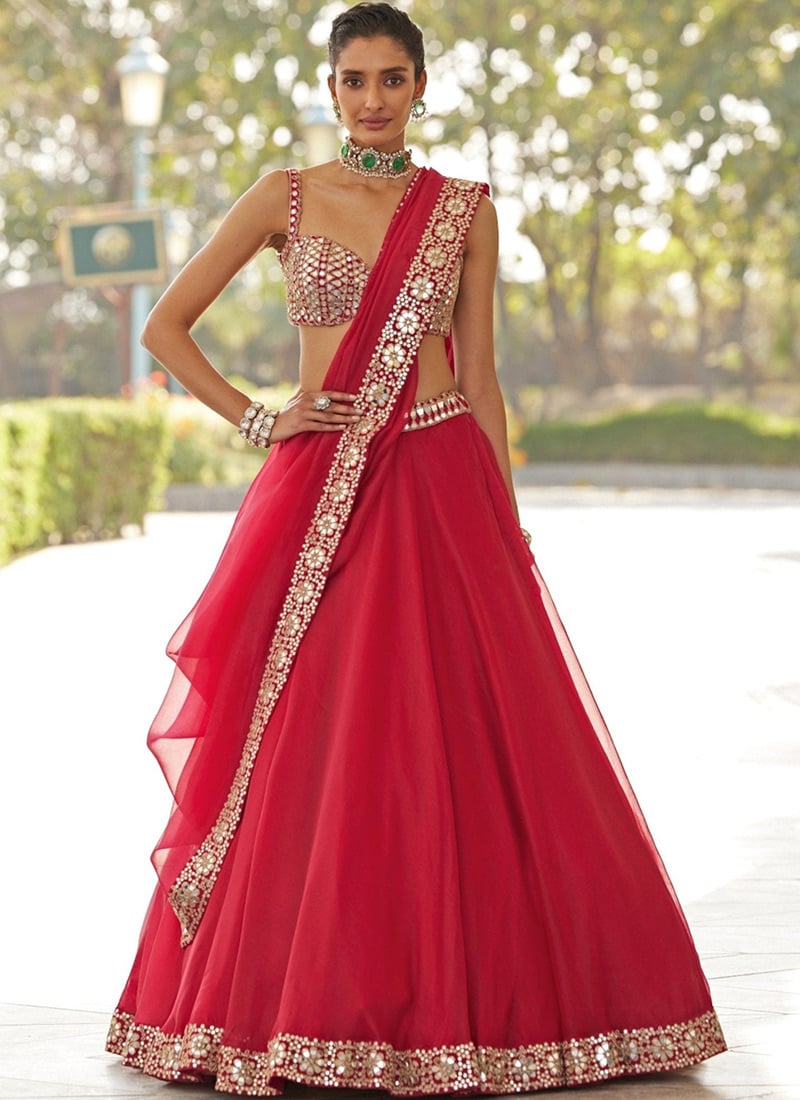 Red Zari Sequins Paper Mirror Organza Silk Lehenga Wedding Wear