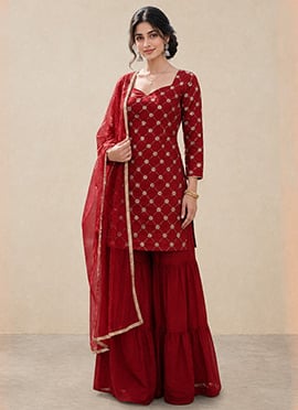 Red Zari Sequins Silk Sharara Suit
