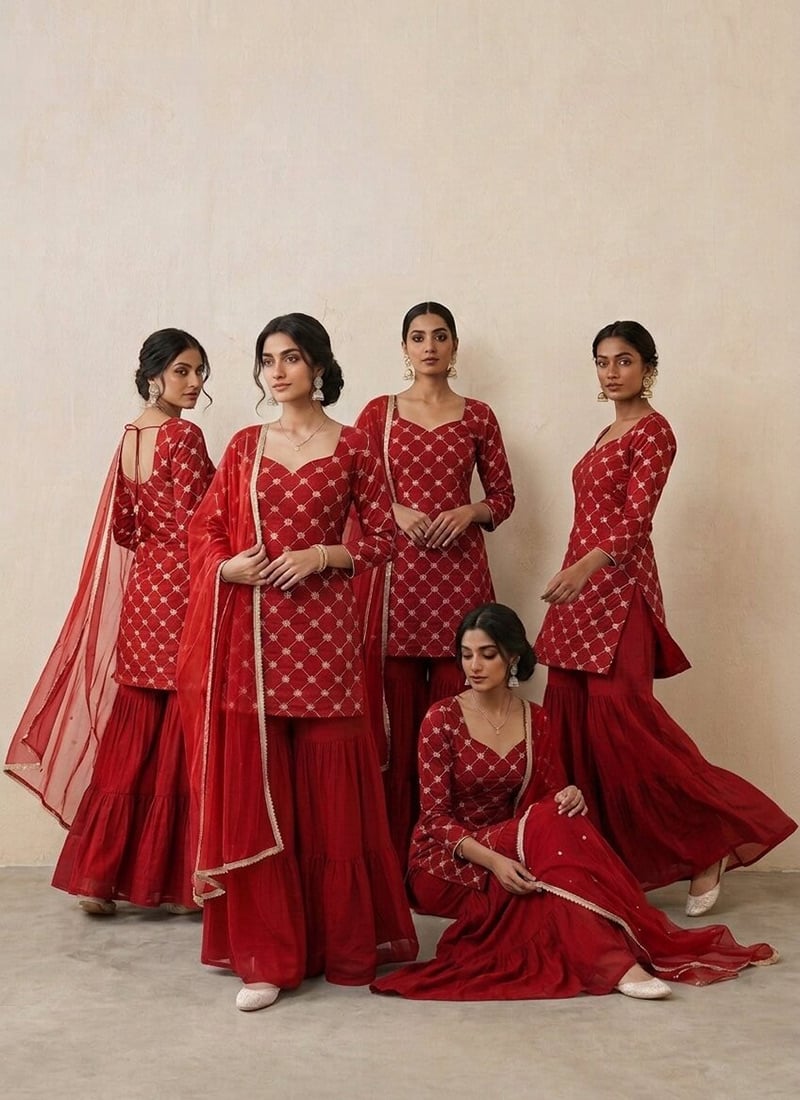 Red Zari Sequins Silk Sharara Suit Festive Wear