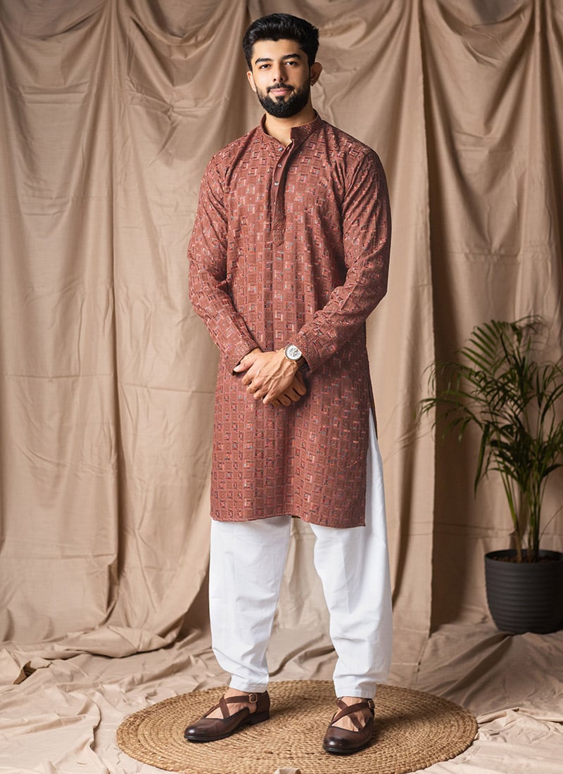 Reddish Brown Viscose Rayon Embroidered Kurta Pyjama Festive Wear