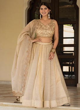 Refined Beige Crushed Silk Embroidered Sequins Umbrella Lehenga