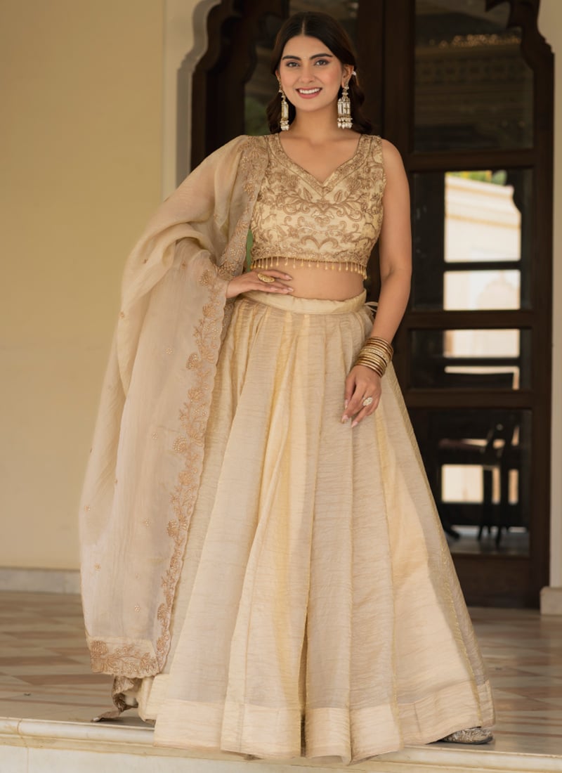 Refined Beige Crushed Silk Embroidered Sequins Umbrella Lehenga After Six Wear