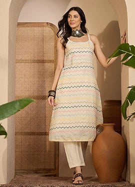 Refined Beige Khadi Silk Embroidered Thread Kurta Straight Pant Set