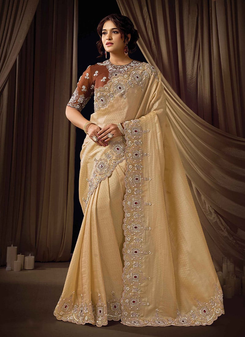 Refined Beige Self Woven Jacquard Silk Sequins Beads Hand Embroidered Jacquard Stones Saree Wedding Wear