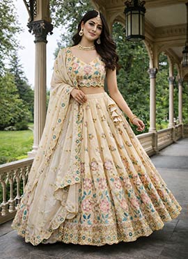 Refined Beige Shimmer Tissue Sequins Embroidered Umbrella Lehenga