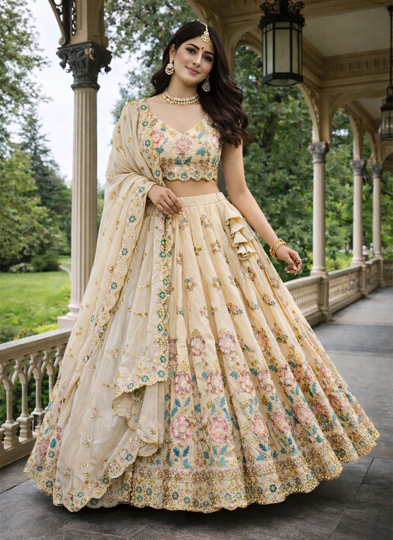 Refined Beige Shimmer Tissue Sequins Embroidered Umbrella Lehenga Wedding Wear