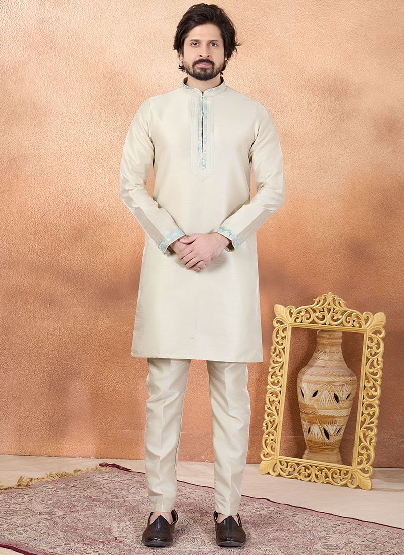 Refined Beige Silk Kurta Pyjama Festive Wear