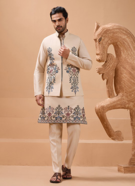 Refined Beige Viscose Silk Embroidered Sequins Thread Bandi Set