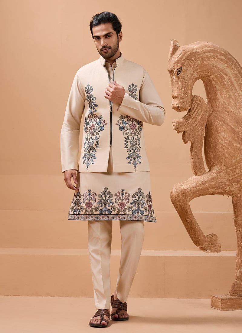 Refined Beige Viscose Silk Embroidered Sequins Thread Bandi Set Wedding Wear