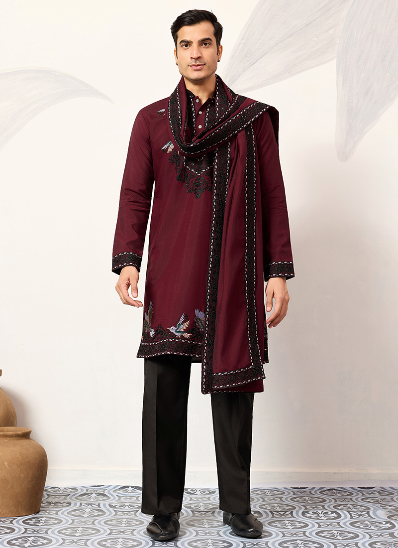 Refined Beige Viscose Silk Embroidered Sequins Thread Kurta