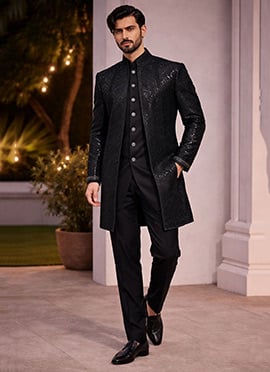 Refined Black Doniar Beads Hand Embroidered Indowestern Sherwani