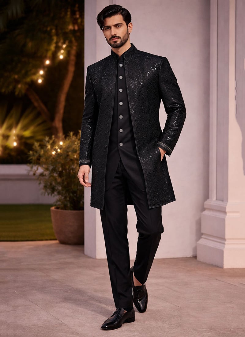 Refined Black Doniar Beads Hand Embroidered Indowestern Sherwani Wedding Wear
