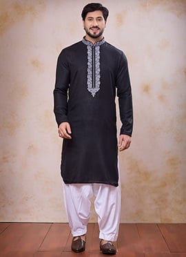 Refined Black Linen Cotton Embroidered Kurta Pyjama
