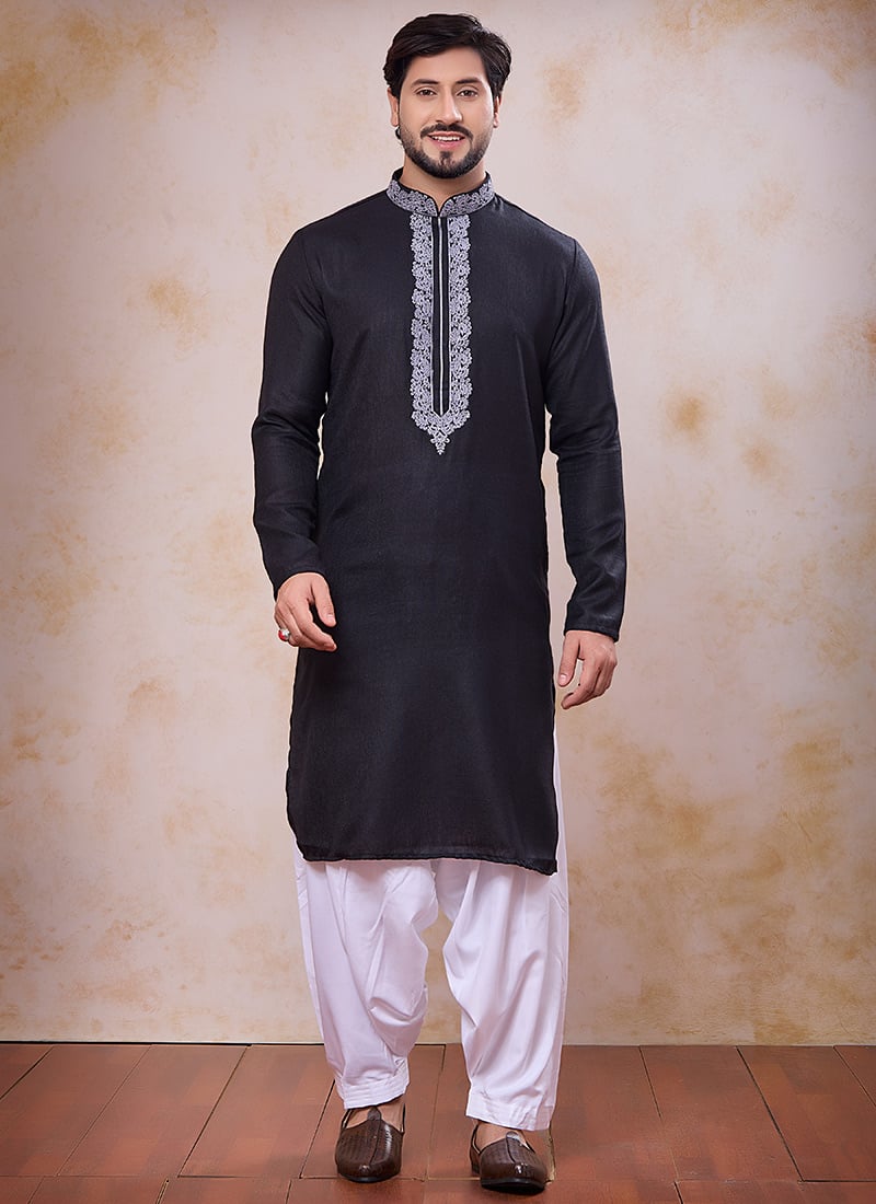Refined Black Linen Cotton Embroidered Kurta Pyjama Festive Wear