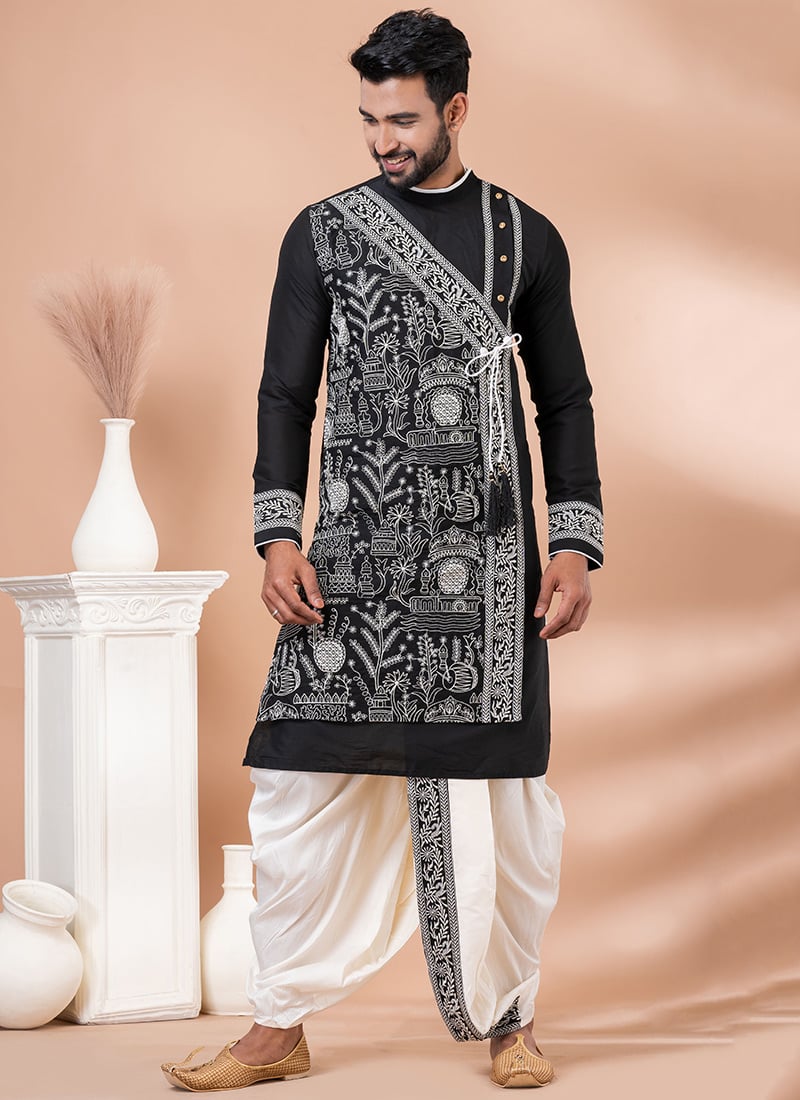 Refined Black Viscose Kurta With Embroidered And Dhoti Style Pyjama Festive Wear