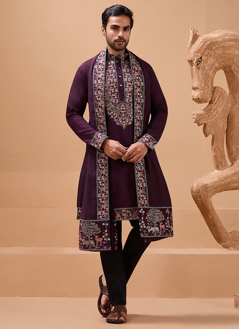 Refined Black Viscose Silk Embroidered Sequins Thread Kurta