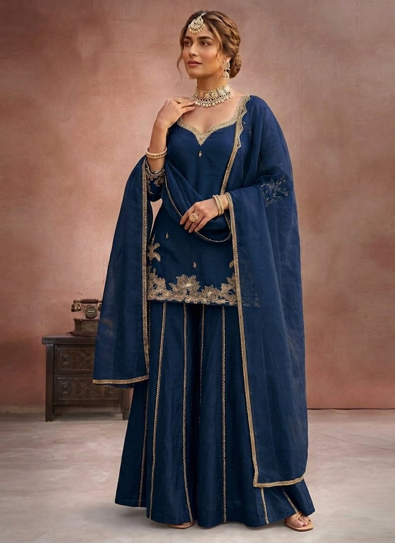 Refined Blue Art Silk Zari Sequins Palazzo Suit Festive Wear