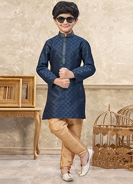 Refined Blue Banarasi Silk Jacquard Thread Lace Work Kids Boys Kurta Pyjama