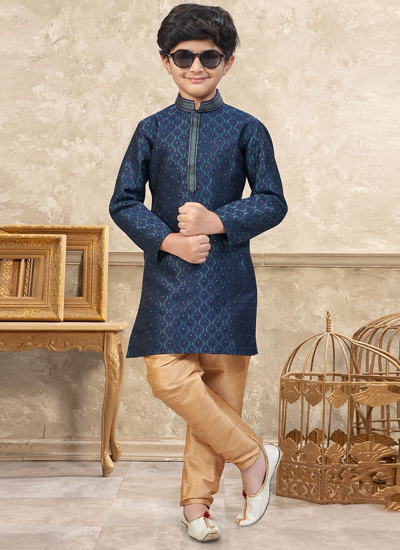 Refined Blue Banarasi Silk Jacquard Thread Lace Work Kids Boys Kurta Pyjama Festive Wear