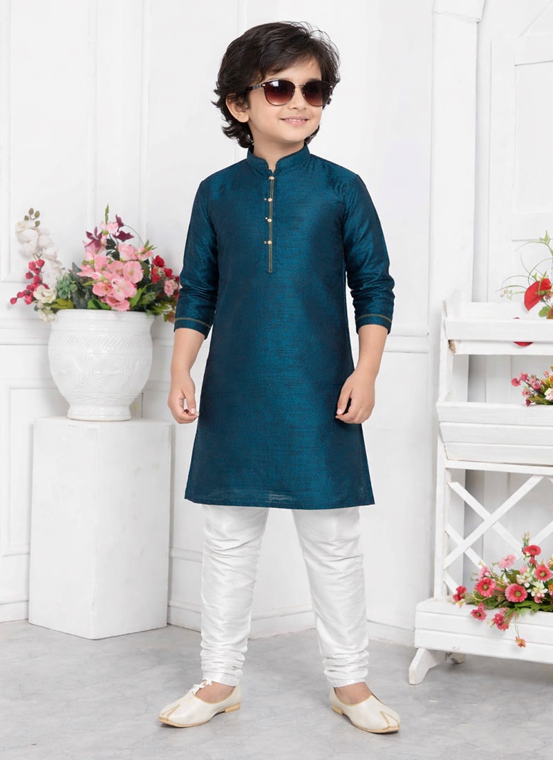 Refined Blue Jacquard Silk Brocade Kids Boys Kurta Pyjama Festive Wear