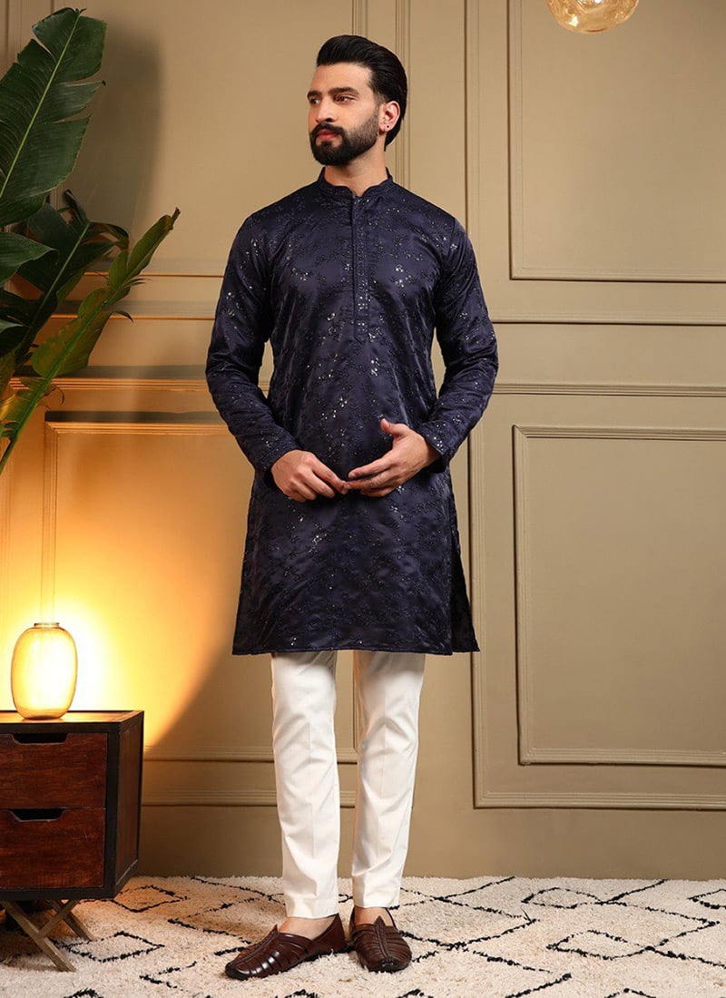 Refined Blue Viscose Silk Embroidered Sequins Kurta Pyjama Festive Wear