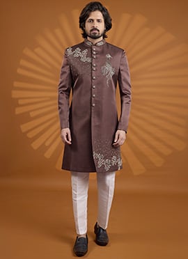 Refined Brown Silk Embroidered Classic Sherwani