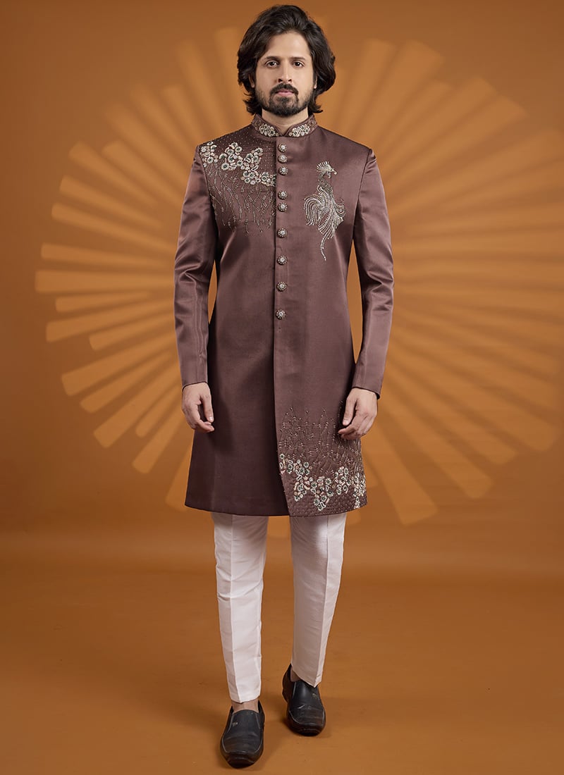 Refined Brown Silk Embroidered Classic Sherwani Wedding Wear