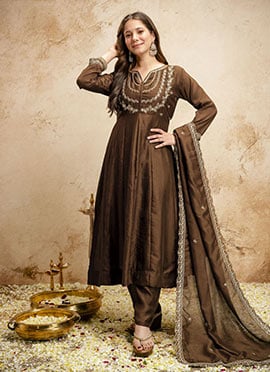 Refined Brown Vichitra Silk Embroidered Straight Pant Suit