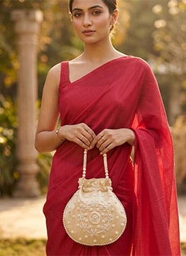 Refined Cream  Silk Beads Moti Potli Bag