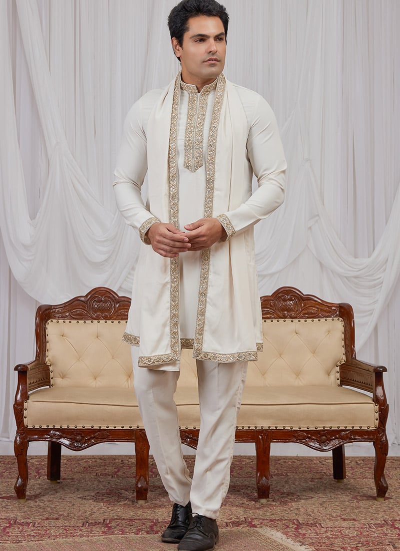 Refined Cream Armani Hand Embroidered Lace Kurta Pyjama Wedding Wear