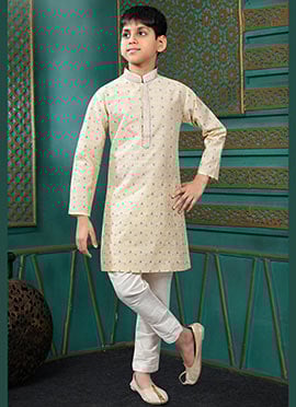 Refined Cream Jacquard Silk Kids Boys Kurta Pyjama