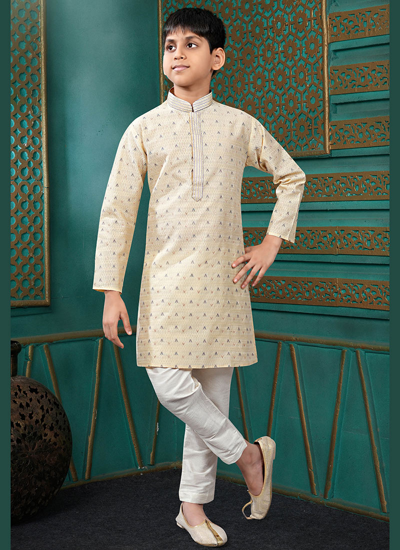 Refined Cream Jacquard Silk Kids Boys Kurta Pyjama Festive Wear