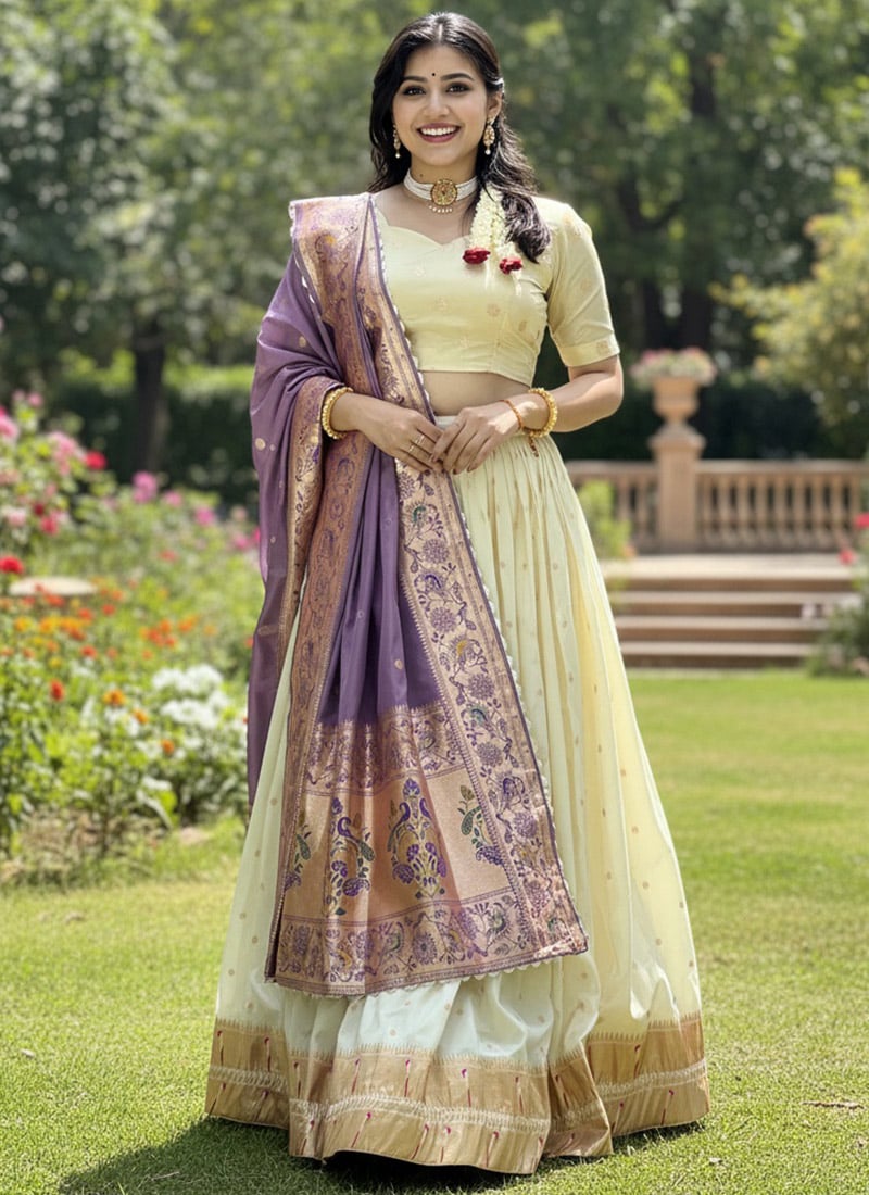 Refined Cream Paithani Silk Jacquard Embroidered Umbrella Lehenga Festive Wear