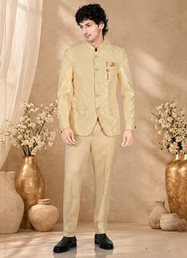 Refined Cream Silk Embroidered Bandhgala Suit