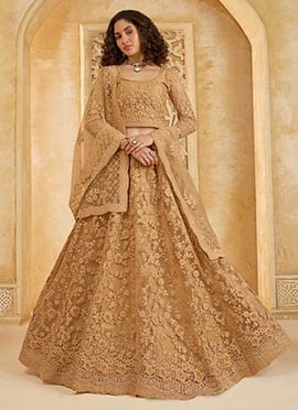 Refined Fawn Net Lehenga With Beautiful Stone And Thread Embroidery