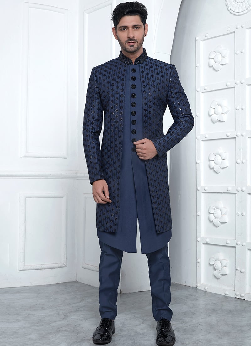 Refined Glamour Blue Silk Sequins Embroidered Indowestern Sherwani Wedding Wear