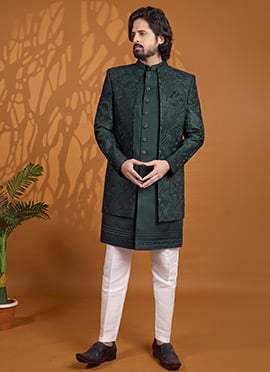 Refined Green Art Silk Indowestern Sherwani