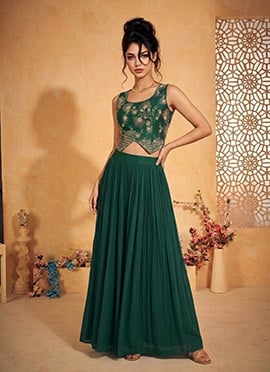 Refined Green Silk Sequins Indowestern Set And Suit