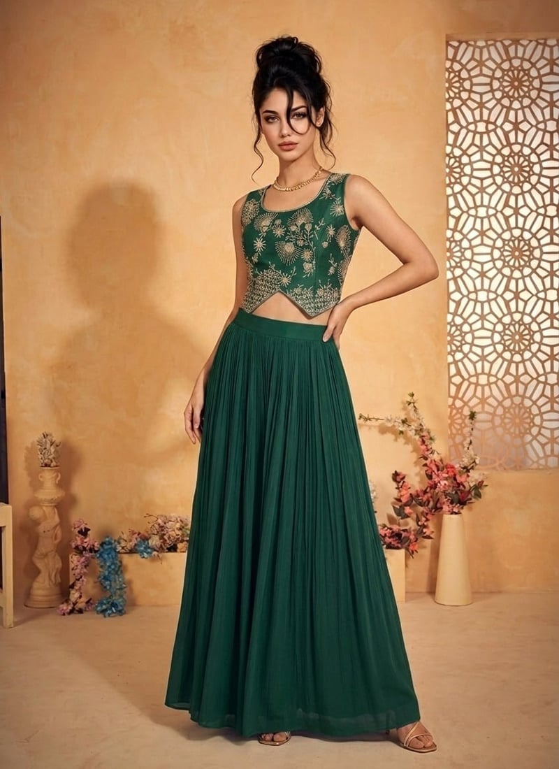 Refined Green Silk Sequins Indowestern Set And Suit Wedding Wear