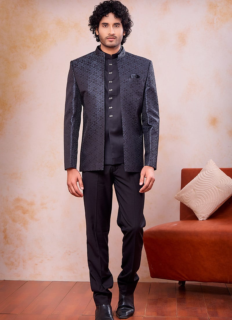 Refined Grey Jacquard Silk Bandhgala Jacket