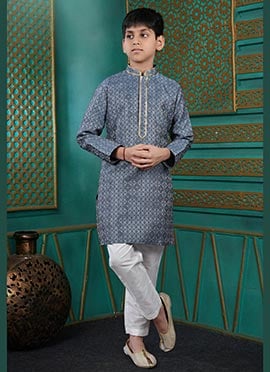 Refined Grey Jacquard Silk Jacquard Kids Boys Kurta Pyjama