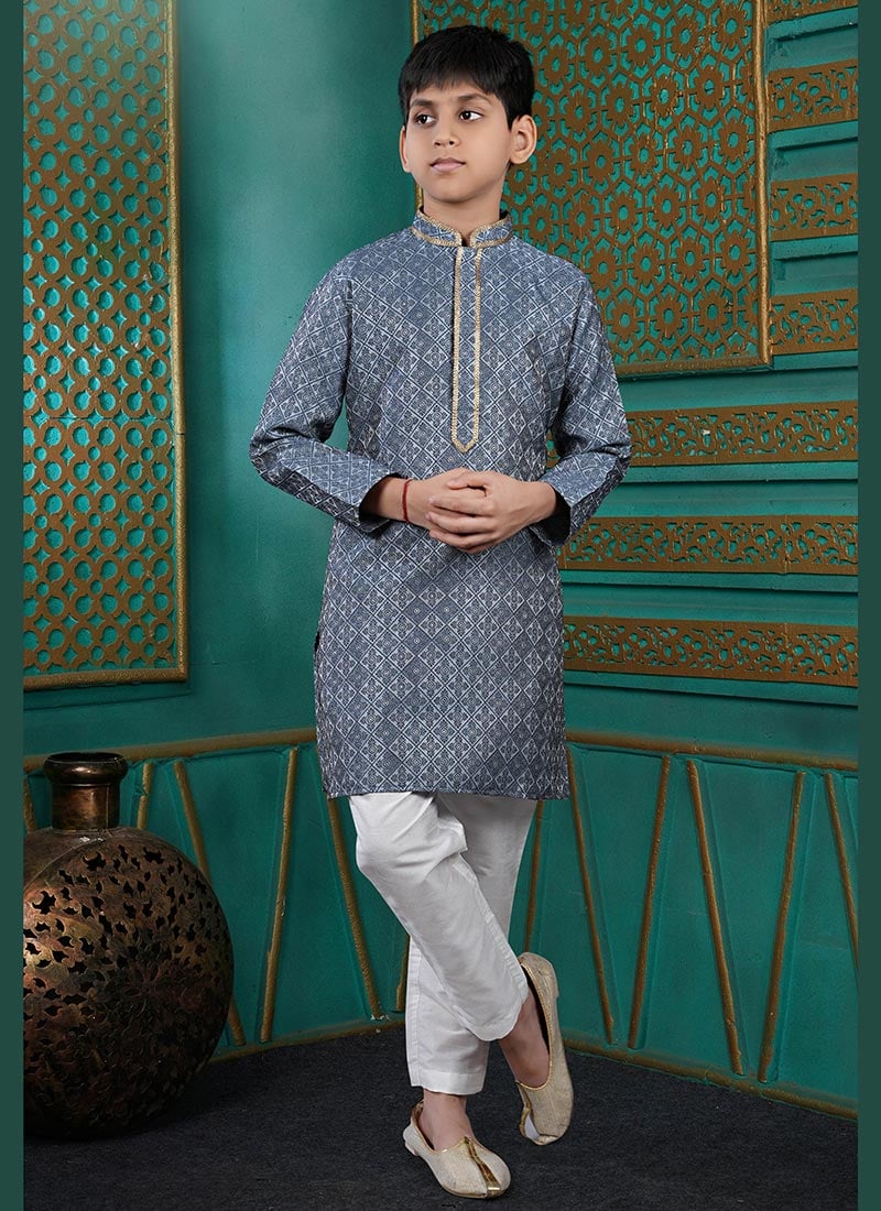 Refined Grey Jacquard Silk Jacquard Kids Boys Kurta Pyjama Festive Wear