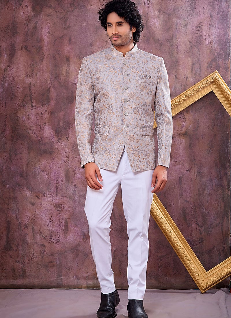 Refined Grey Jacquard Silk Thread Embroidered Bandhgala Jacket