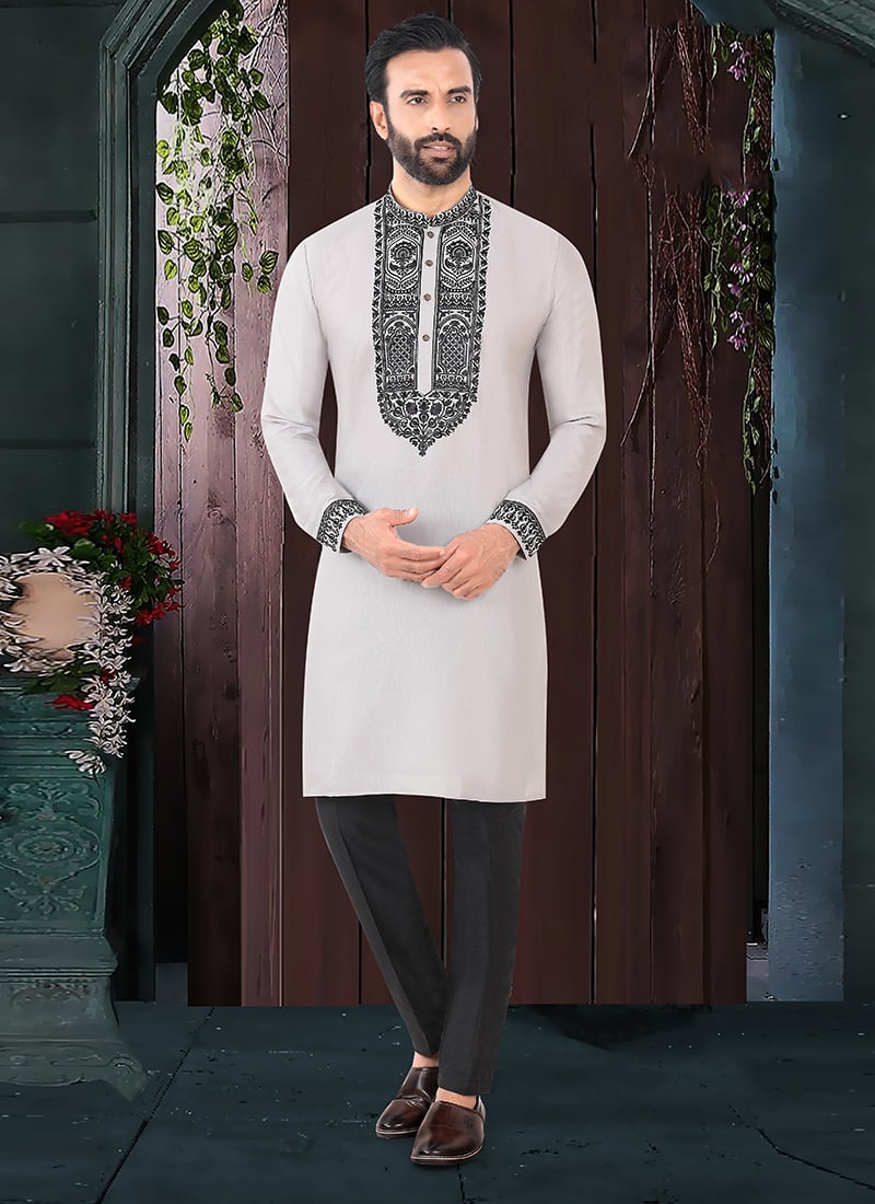 Refined Grey Rayon Embroidered Thread Kurta Pyjama   Festive Wear
