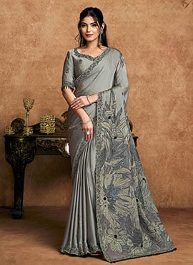 Refined Grey Satin Silk Embroidered Stone Beads Sequins Zari Saree