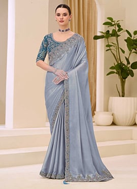 Refined Grey Shimmer Satin Embroidered Sequins Zari Thread Saree