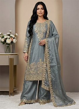 Refined Grey Silk Embroidered Sequins Coding Palazzo Suit