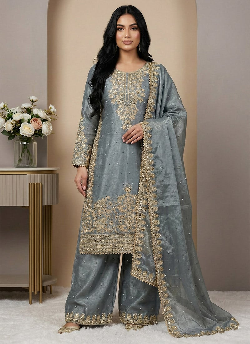 Refined Grey Silk Embroidered Sequins Coding Palazzo Suit Festive Wear