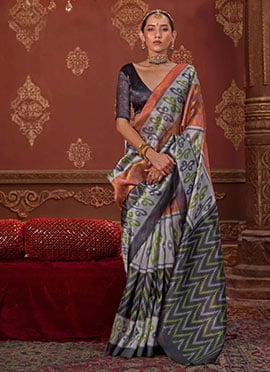 Refined Grey Silk Ikkat Print Saree