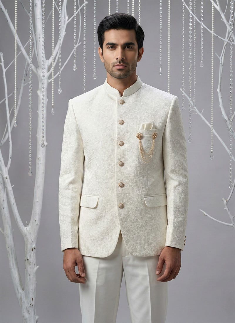 Refined Ivory Silk Embroidered Thread Bandhgala Suit Wedding Wear